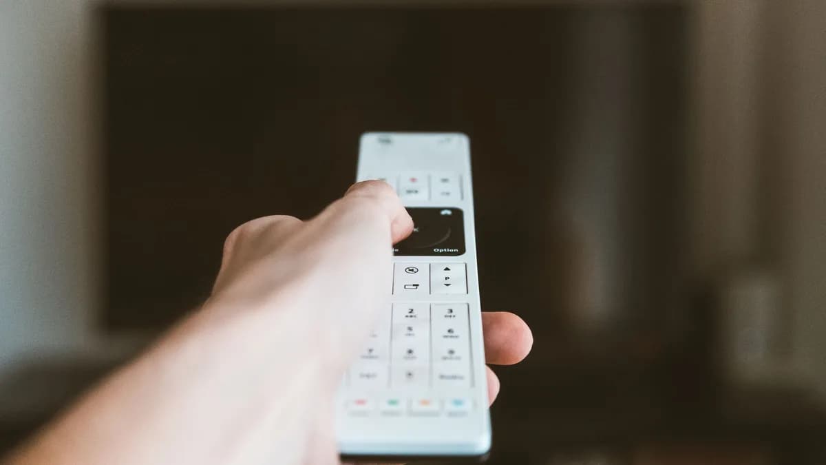 Hand hält eine weiße Fernbedienung, im Hintergrund ein unscharfer Fernseher